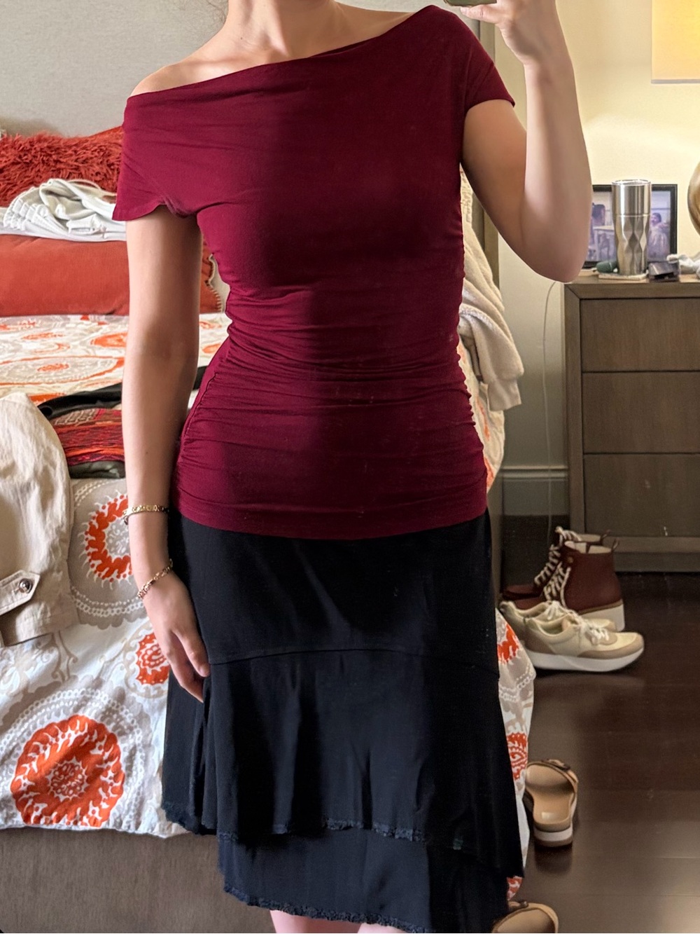 Michael Kors Burgundy Off-Shoulder Ruched Top